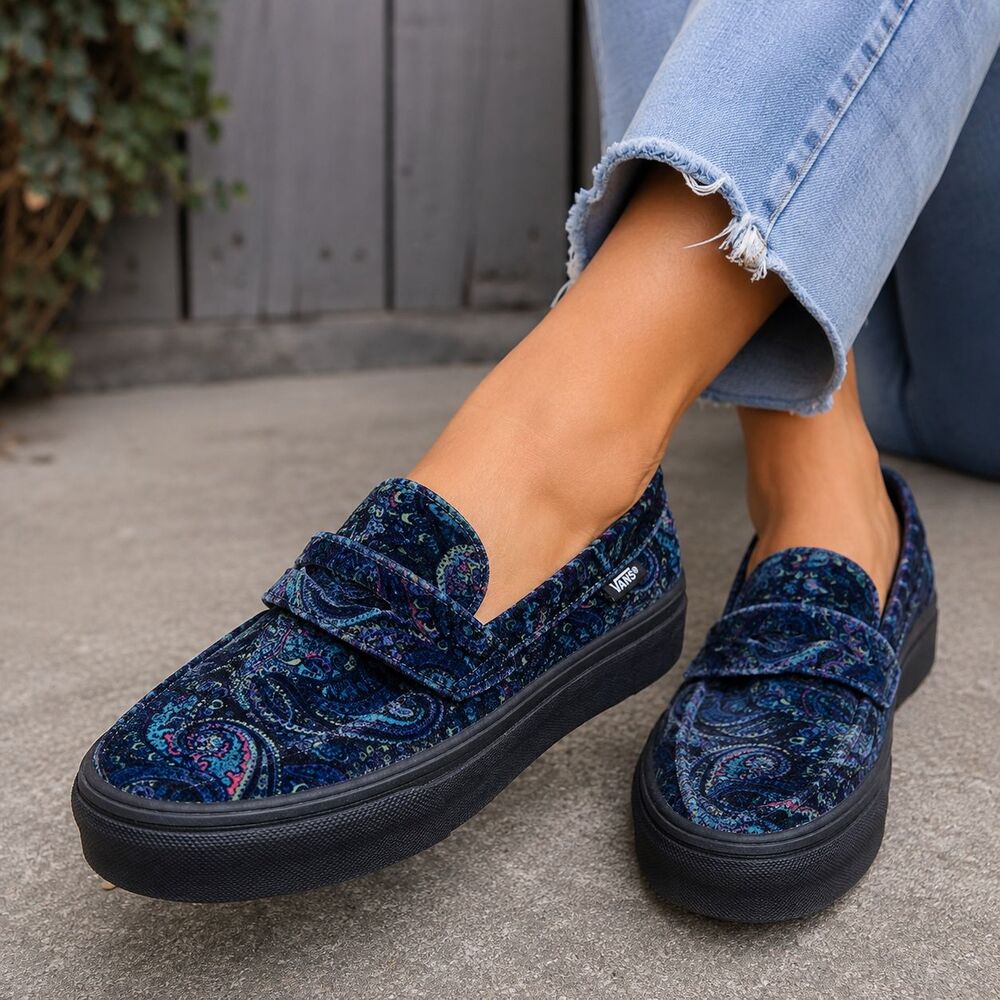 Vans Shoes Womens 7 Blue Paisley Velour Slip On Platform Loafers Streetwear
